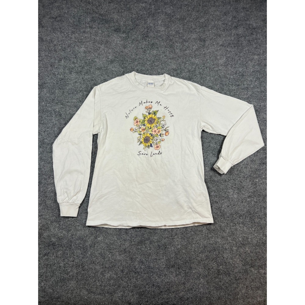 Gildan T Shirt Womens Medium White Ultra Cotton Nature Make Me Happy Save Lands